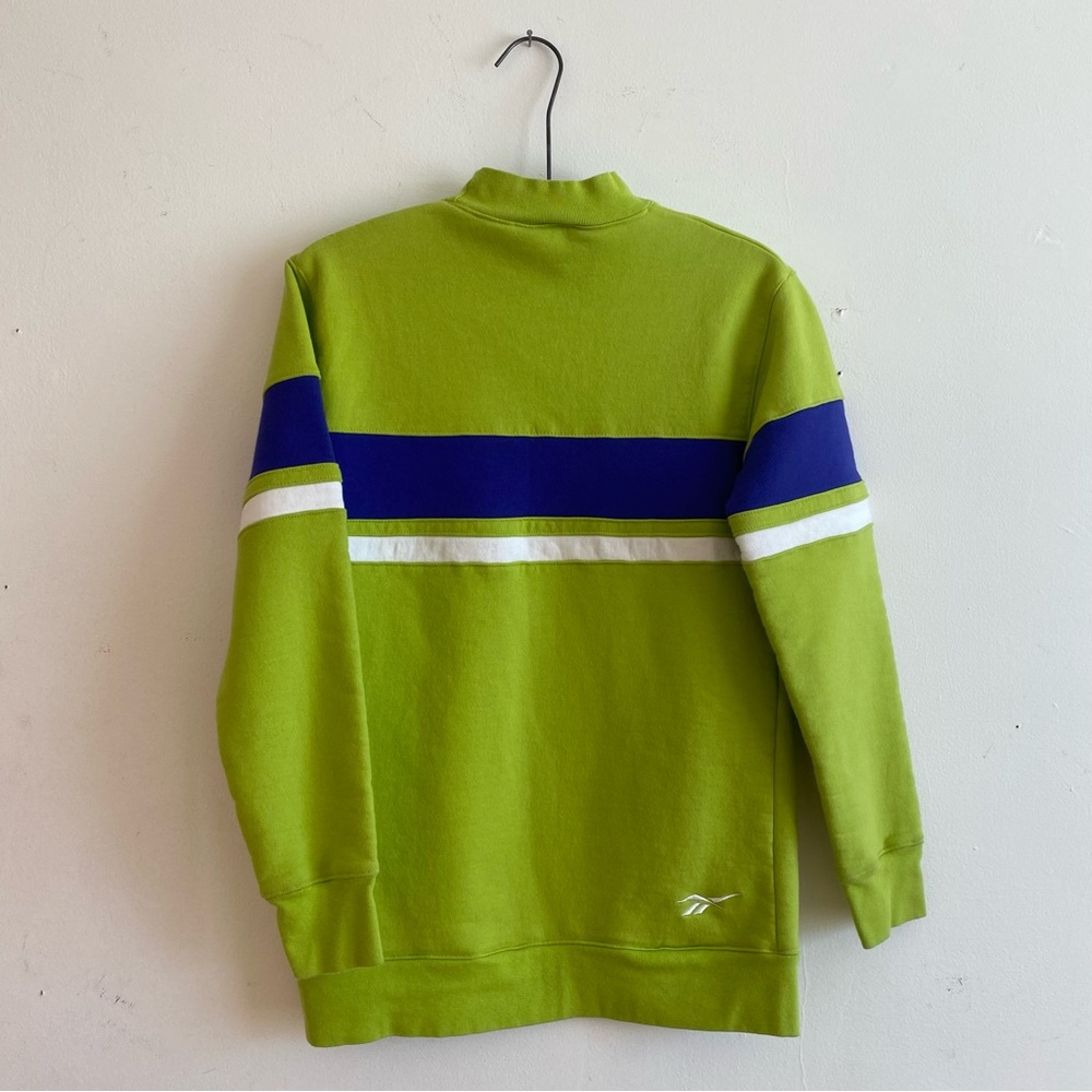 Vintage 90s Reebok Sweatshirt Spell Out Stripe Mock Turtleneck Lime Green S - Picture 4 of 7